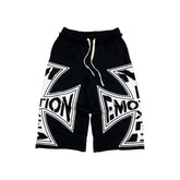 Vintage Large Cross Emotion Graphic Shorts Loose Fit Drawstring Street‑wear Bottoms