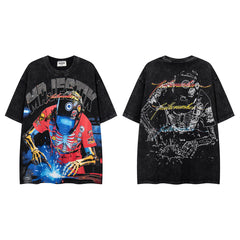 Vintage Black Skeleton Robot Double‑Sided Graphic T‑Shirt