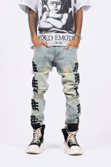 Y2K Street Style Yellow Washed Graphic Straight‑Fit Distressed Denim Pants