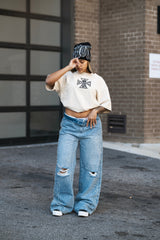Distressed Ripped Baggy Wide‑Leg Jeans Vintage Wash Street‑wear Denim Pants