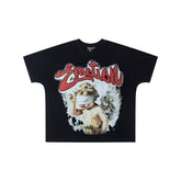 Black Vintage Angel Figure Script Graphic Oversized Crew‑Neck Street T‑Shirt
