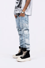 Vintage Distressed Graphic Print Straight‑Leg Denim Jeans Men Streetwear Light Wash Denim Pants