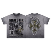 Grey Black Washed Vintage Portrait Totem Double‑Sided Graphic Band‑Style T‑Shirt