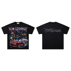Vintage Black MAJESTIC Racing Car Graphic T‑Shirt