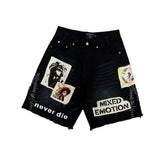 Gothic Patchwork Distressed Denim Shorts Casual Street Denim Jorts