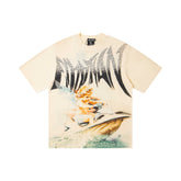 Washed Cream Vintage Sailboat Graphic Oversized Crew Neck Street T‑Shirt
