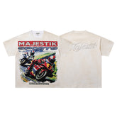 Off‑White Washed Vintage Motorcycle Racing Graphic Band‑Style T‑Shirt