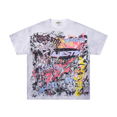 Off‑White Washed Vintage Graffiti Art Collage Double‑Sided Band‑Style T‑Shirt