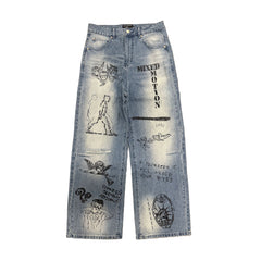 Graphic Printed Baggy Wide Leg Jeans Vintage Washed Street‑wear Denim Pants