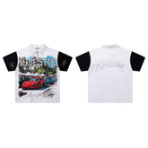 Vintage Black‑White Color‑Block Racing Graphic Studded Polo Shirt
