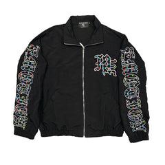 Black Colorful Graffiti Embroidered Zip‑Up Jacket Men Streetwear Stand Collar Outerwear