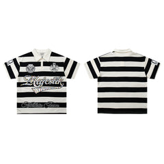 Vintage Black‑White Stripe MAJESTIC Rugby Polo Shirt