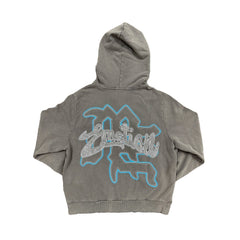 Washed Grey Vintage Art Graphic Full Zip Hoodie Men Streetwear Zip‑Up Sweatshirt