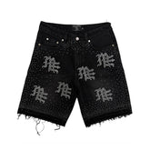 Sparkly Rhinestone Letter Print Denim Shorts Black Frayed Hem Loose Fit Street‑wear Shorts