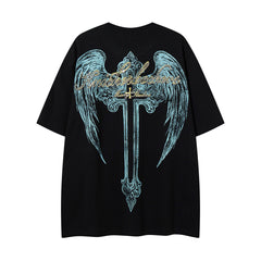 Vintage Black Alien Skull Angel Sword Double‑Sided Graphic T‑Shirt