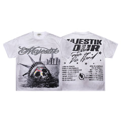 Off‑White Washed Vintage Statue Of Liberty Tour Poster Double‑Sided Band‑Style T‑Shirt