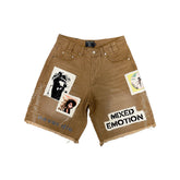Vintage Patchwork Graphic Raw Hem Denim Streetwear Shorts
