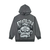 Vintage Cartoon Face Graphic Hoodie Charcoal Grey Oversized Streetwear Pullover Sweatshirt