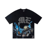 Black Vintage Mecha Warrior Metal‑Style Graphic Oversized Crew‑Neck Street T‑Shirt