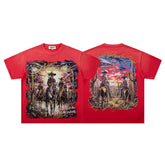 Red Washed Vintage Western Cowboy Double‑Sided Graphic Band‑Style T‑Shirt