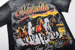 Black Washed Vintage Western Cowboy Horse Rider Double‑Sided Graphic Band‑Style T‑Shirt
