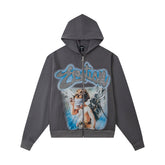Retro Angel Art Print Full‑Zip Hoodie Washed Gray Loose Hip‑Hop Street Hooded Top