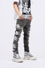 Y2K Street Style Olive Washed Graphic Straight‑Fit Distressed Denim Pants