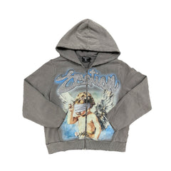 Washed Grey Vintage Art Graphic Full Zip Hoodie Men Streetwear Zip‑Up Sweatshirt
