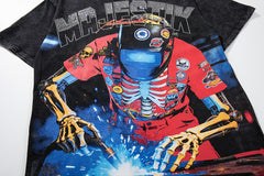 Vintage Black Skeleton Robot Double‑Sided Graphic T‑Shirt