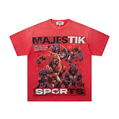 Red Washed Vintage Sports Beast Double‑Sided Graphic Band‑Style T‑Shirt