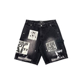 Vintage Newspaper Graphic Patchwork Denim Shorts Men Street‑Cut Jean Shorts