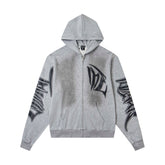 Heather Grey Vintage Gothic Letter Zip‑Up Oversized Hoodie Urban Streetwear Sweatshirt