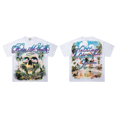 Vintage White Tropical Paradise Skull Graphic T‑Shirt