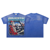Blue Washed Vintage Skeleton City Tour Graphic Band‑Style T‑Shirt