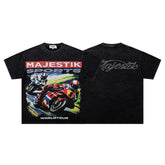 Black Washed Vintage Motorcycle Racing Graphic Band‑Style T‑Shirt