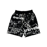 Vintage Scribble Emotion Print Casual Shorts Black Elastic Waist Street‑wear Shorts