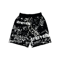 Vintage Scribble Emotion Print Casual Shorts Black Elastic Waist Street‑wear Shorts
