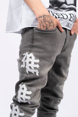 Y2K Street Style Olive Washed Graphic Straight‑Fit Distressed Denim Pants