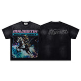 Black Washed Vintage Knight‑Horse Double‑Sided Graphic Band‑Style T‑Shirt