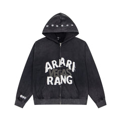 Vintage Black ARARI RANG Letter Print Full‑Zip Hoodie