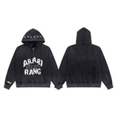 Vintage Black ARARI RANG Letter Print Full‑Zip Hoodie