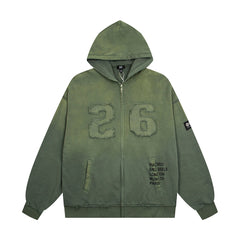Vintage Olive Green Number 26 Embroidery Full‑Zip Hoodie