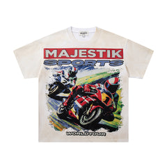 Off‑White Washed Vintage Motorcycle Racing Graphic Band‑Style T‑Shirt