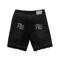 Sparkly Rhinestone Letter Print Denim Shorts Black Frayed Hem Loose Fit Street‑wear Shorts