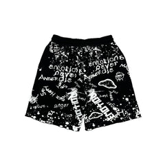 Vintage Scribble Emotion Print Casual Shorts Black Elastic Waist Street‑wear Shorts