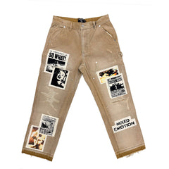Vintage Collage Patch Raw Hem Cropped Denim Streetwear Pants