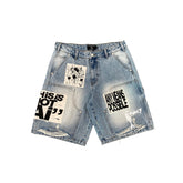 Vintage Wash Art Patch Graphic Baggy Denim Shorts Urban Street‑wear Jorts