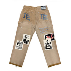 Vintage Collage Patch Raw Hem Cropped Denim Streetwear Pants