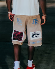 Vintage Patchwork Graphic Raw Hem Denim Streetwear Shorts