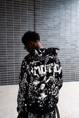 Vintage Graffiti Emotion Print Zip‑Up Hoodie Loose Fit Black Street‑wear Hooded Sweatshirt
